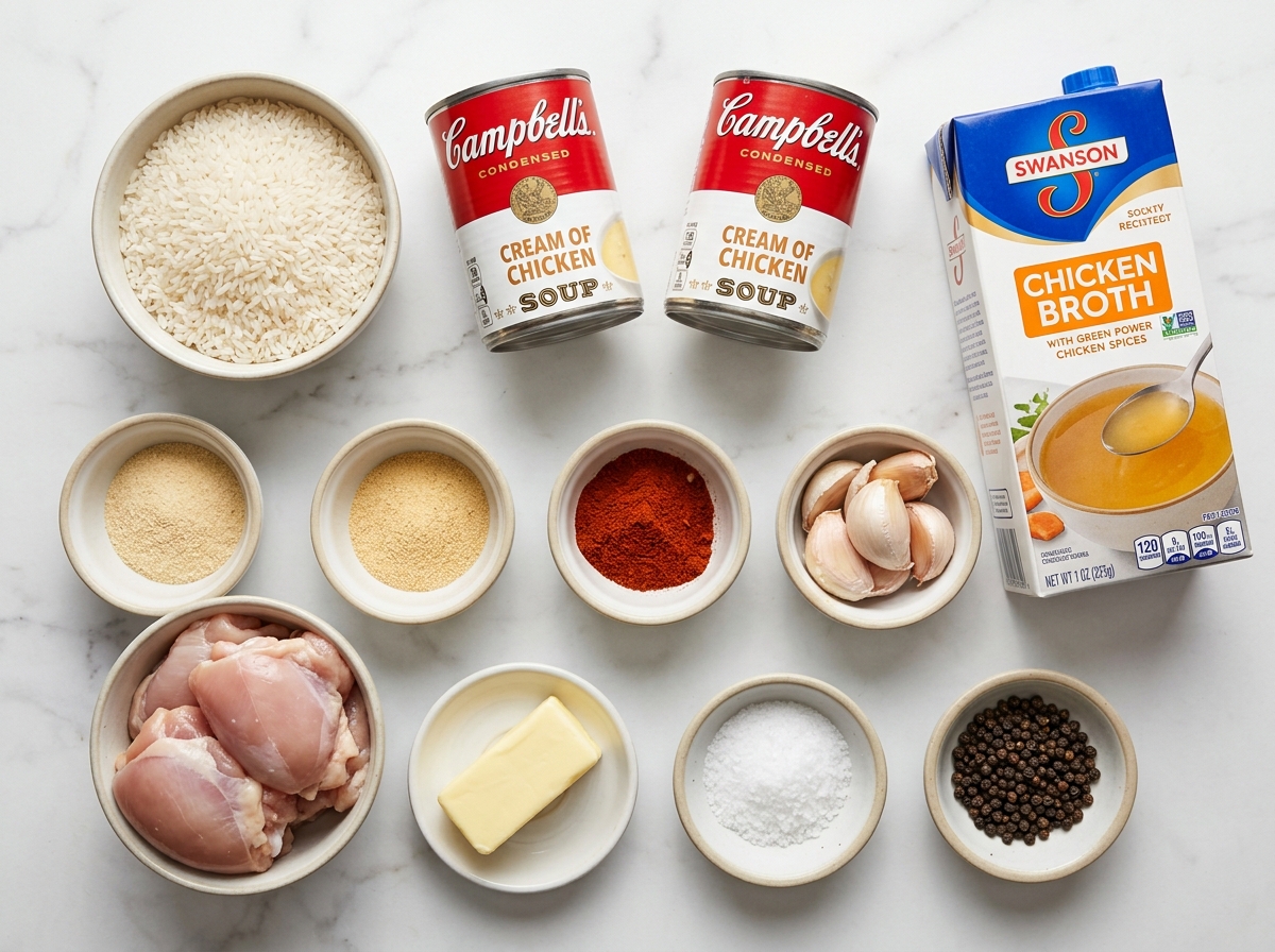 Raw ingredients for chicken and rice casserole on a wooden board