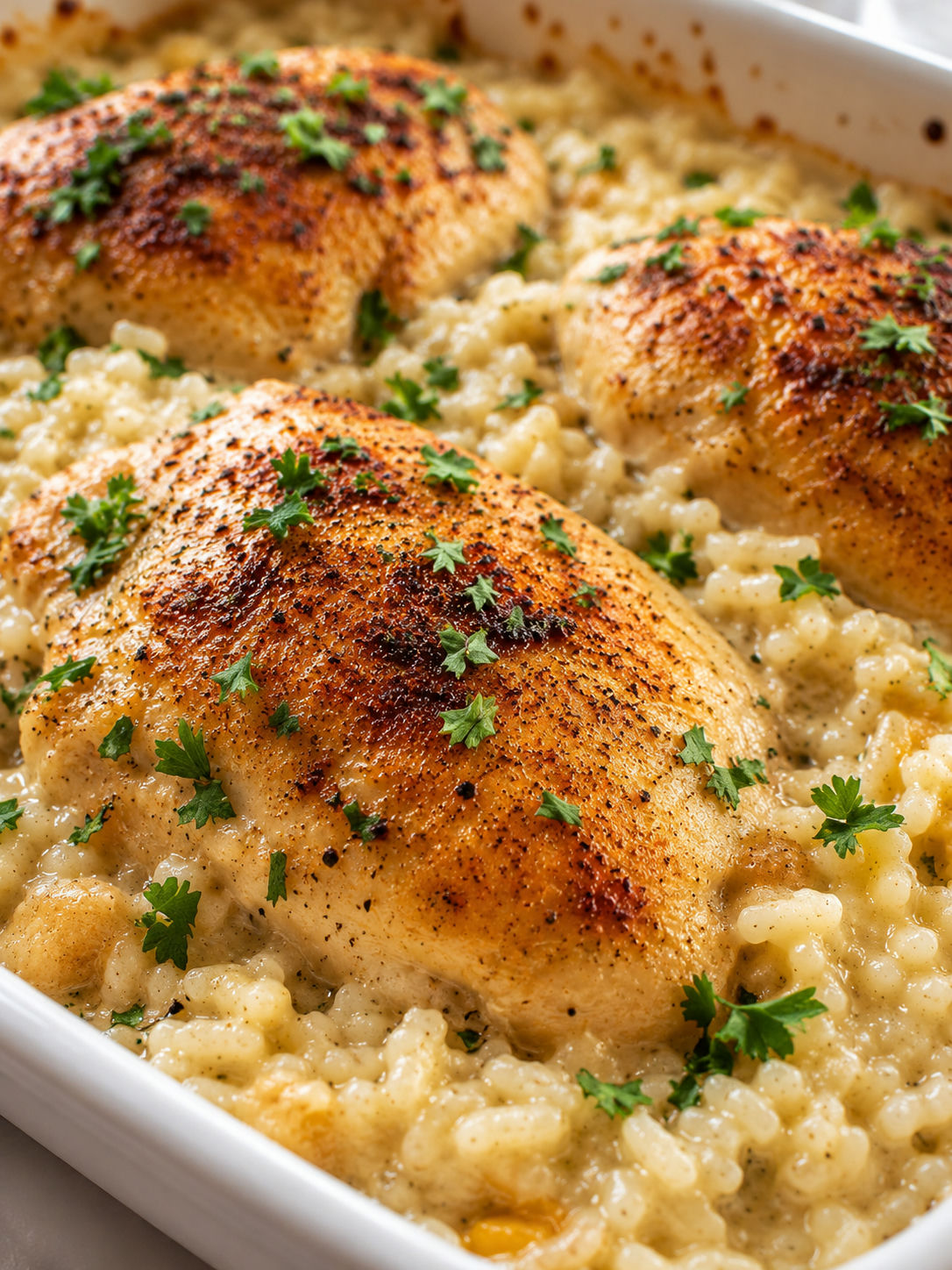 Easy Chicken and Rice Casserole, plated and served