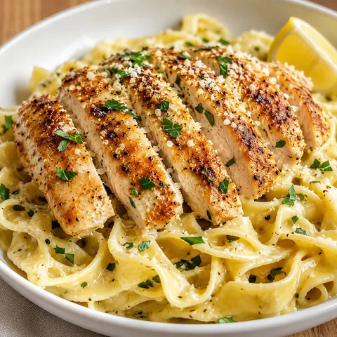 Chicken with buttered egg noodles, parmesan, parsley, and lemon