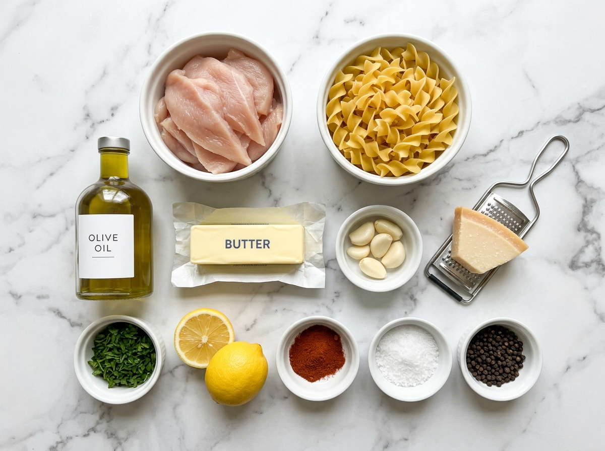 Ingredients for chicken with buttered noodles on a wooden surface