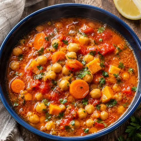 Easy chickpea soup with carrots, parsley, and olive oil in a ceramic bowl