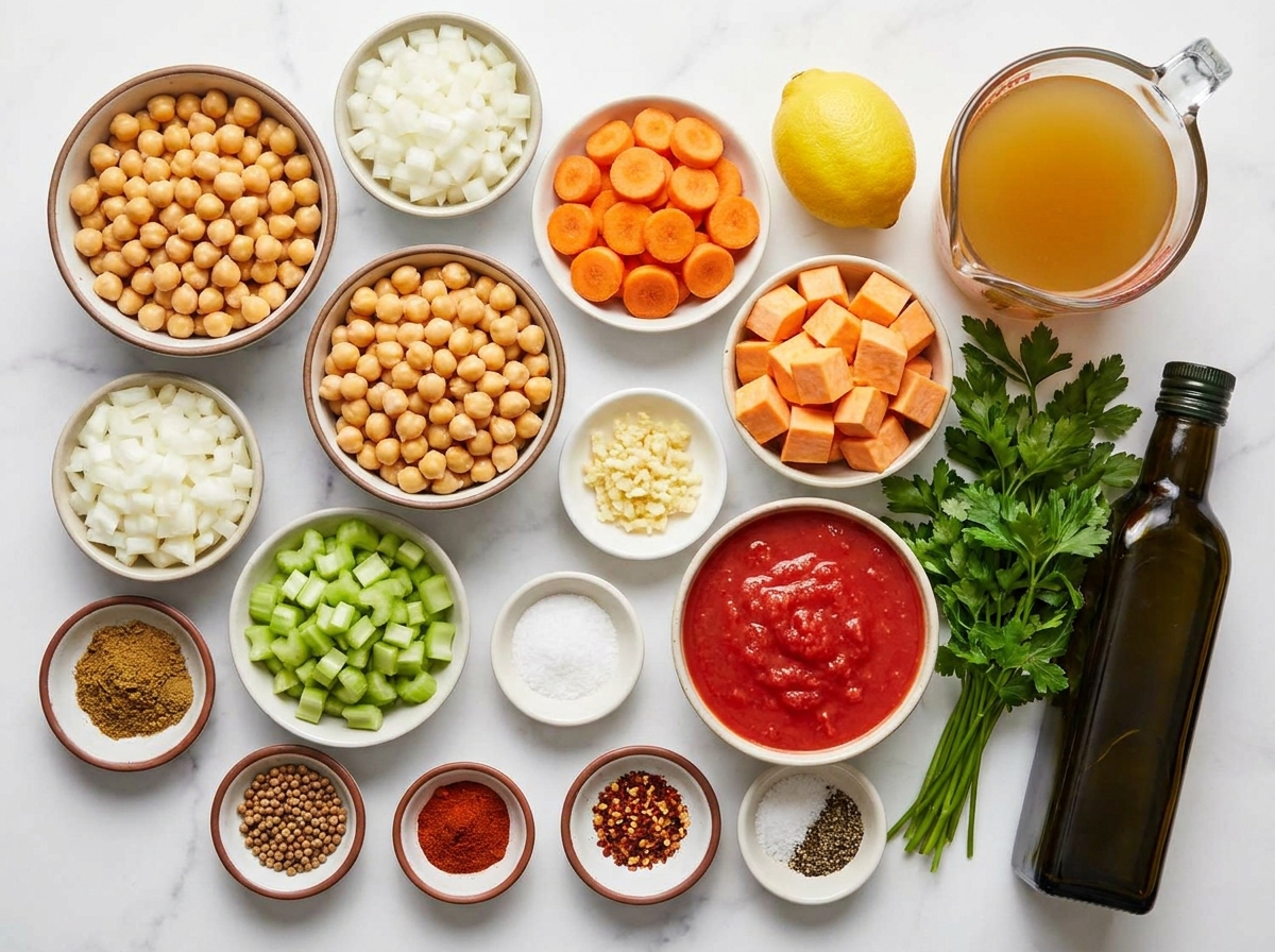 Ingredients for chickpea soup with vegetables, lemon, parsley, and spices