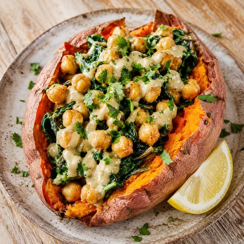 Chickpea spinach stuffed sweet potato with tahini drizzle and fresh herbs