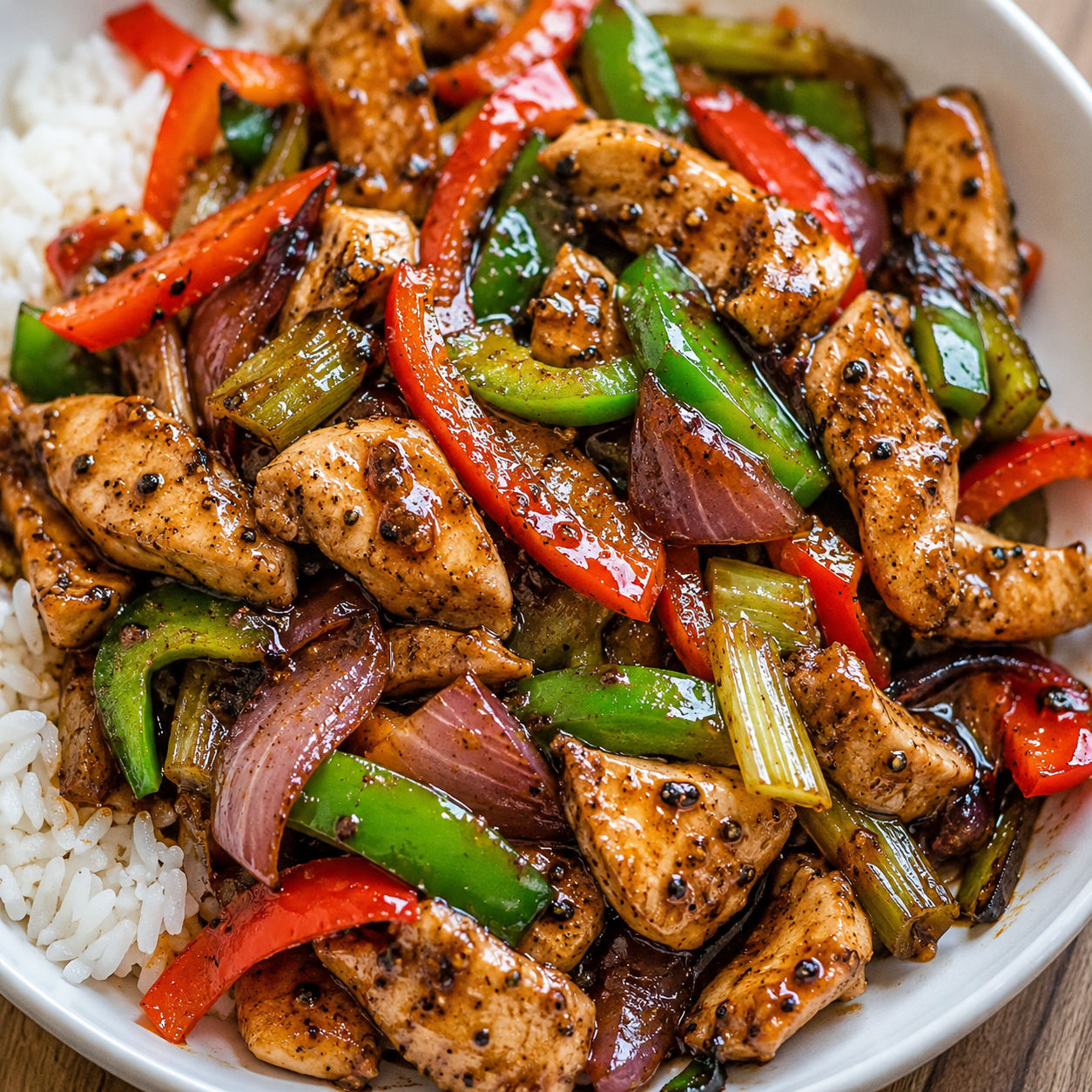Chinese black pepper chicken stir fry with bell peppers and rice
