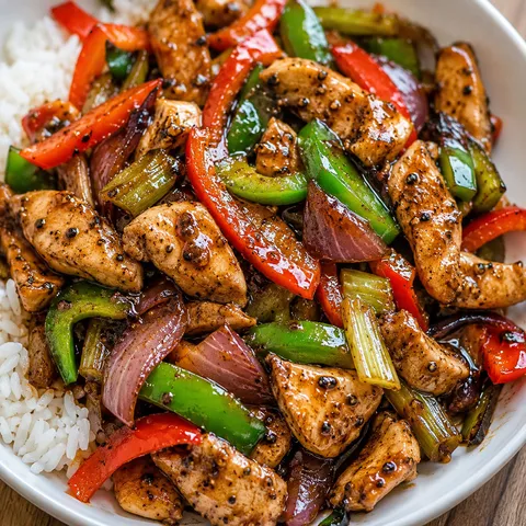 Chinese black pepper chicken stir fry with bell peppers and rice