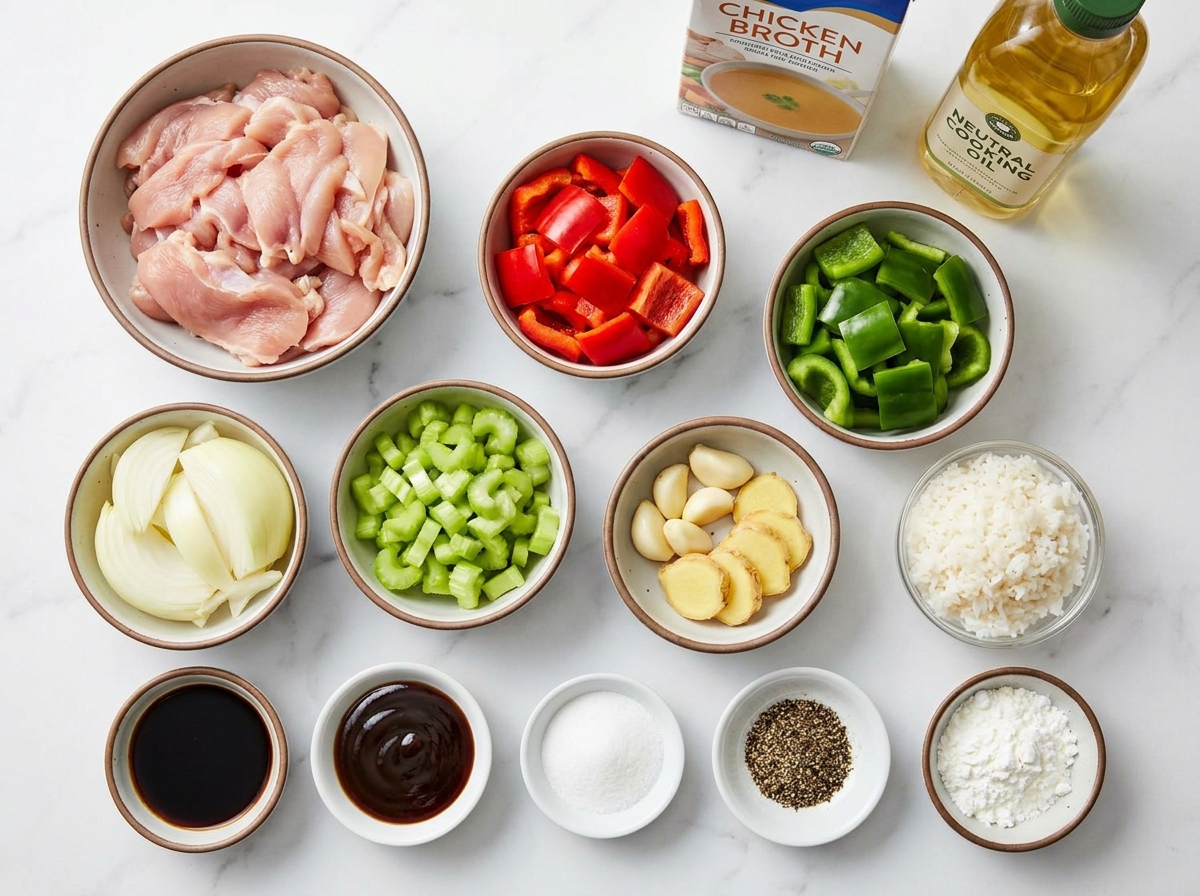 Ingredients for Chinese black pepper chicken with peppers and sauce