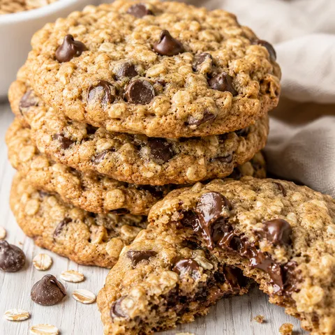 Chewy chocolate chip oatmeal cookies with melty chips and rolled oats