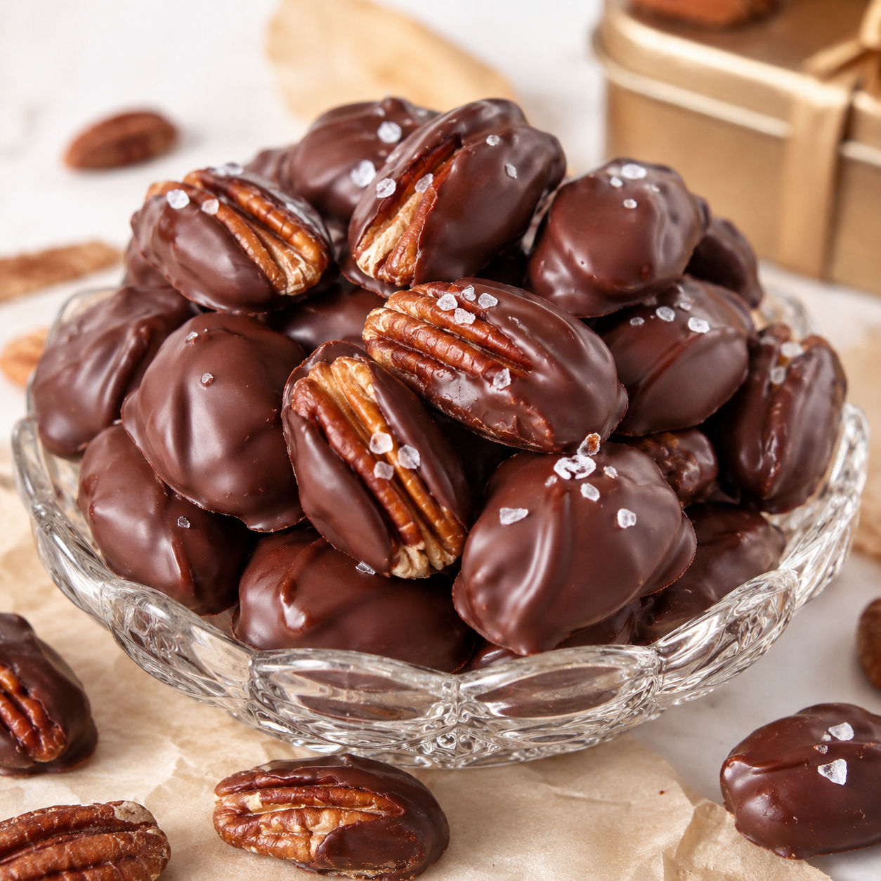 Chocolate covered pecans with flaky salt in a small glass bowl