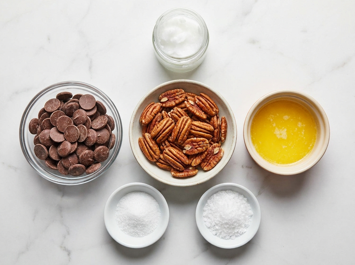 Pecans, chocolate wafers, butter, and salt for chocolate covered pecans