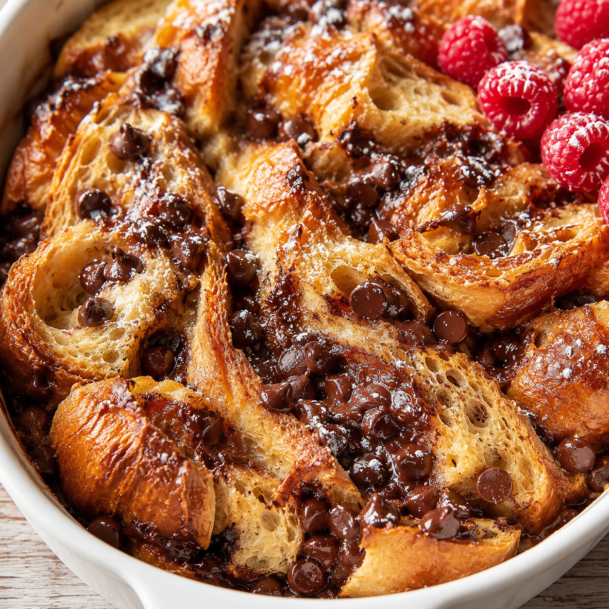 Chocolate croissant French toast with powdered sugar and raspberries
