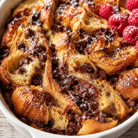 Chocolate croissant French toast with powdered sugar and raspberries