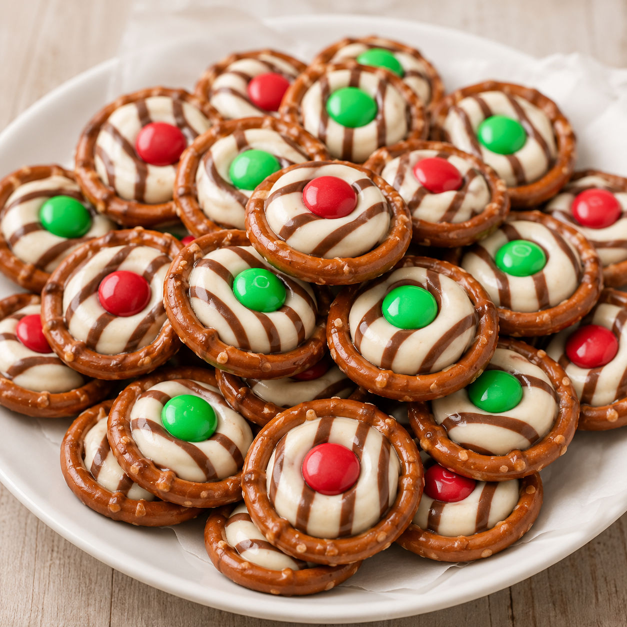 Chocolate pretzel rings with Hugs and colorful M&Ms on a white plate