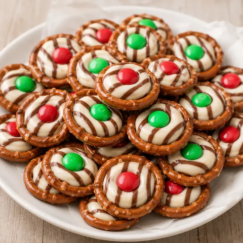 Chocolate pretzel rings with Hugs and colorful M&Ms on a white plate