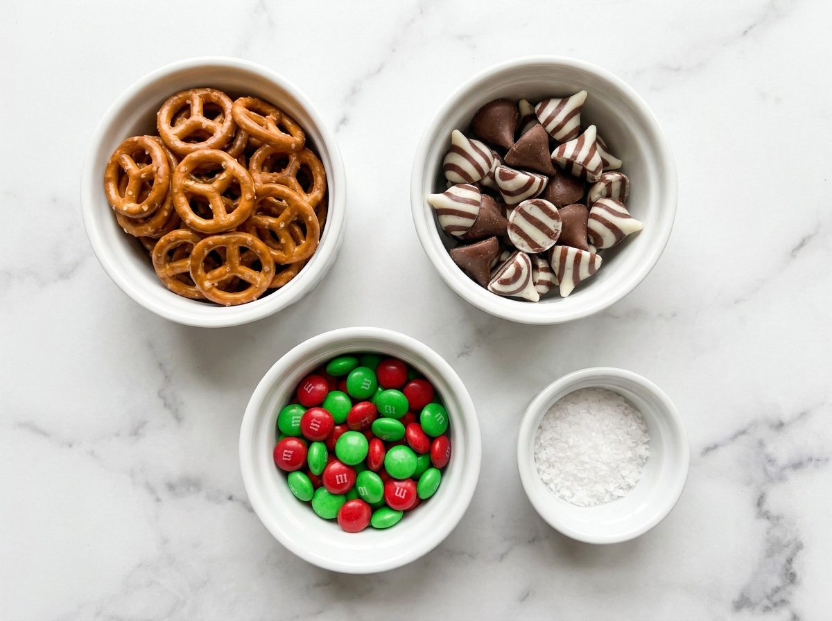 Pretzel rings, Hershey's Hugs, M&Ms, and flaky salt on a wooden surface