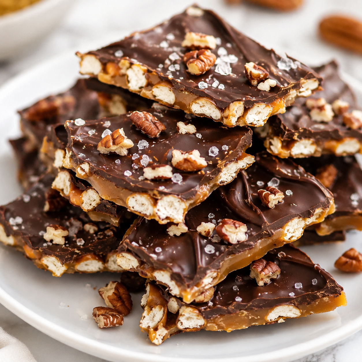 Chocolate pretzel toffee pieces with flaky salt on a white plate