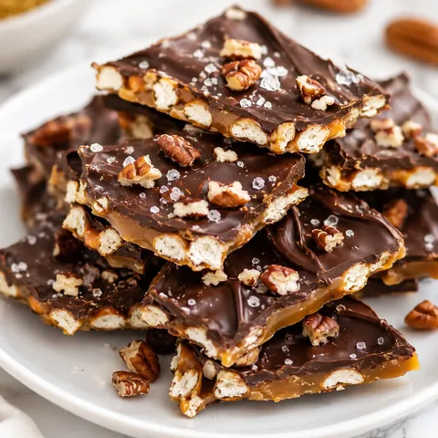 Chocolate pretzel toffee pieces with flaky salt on a white plate