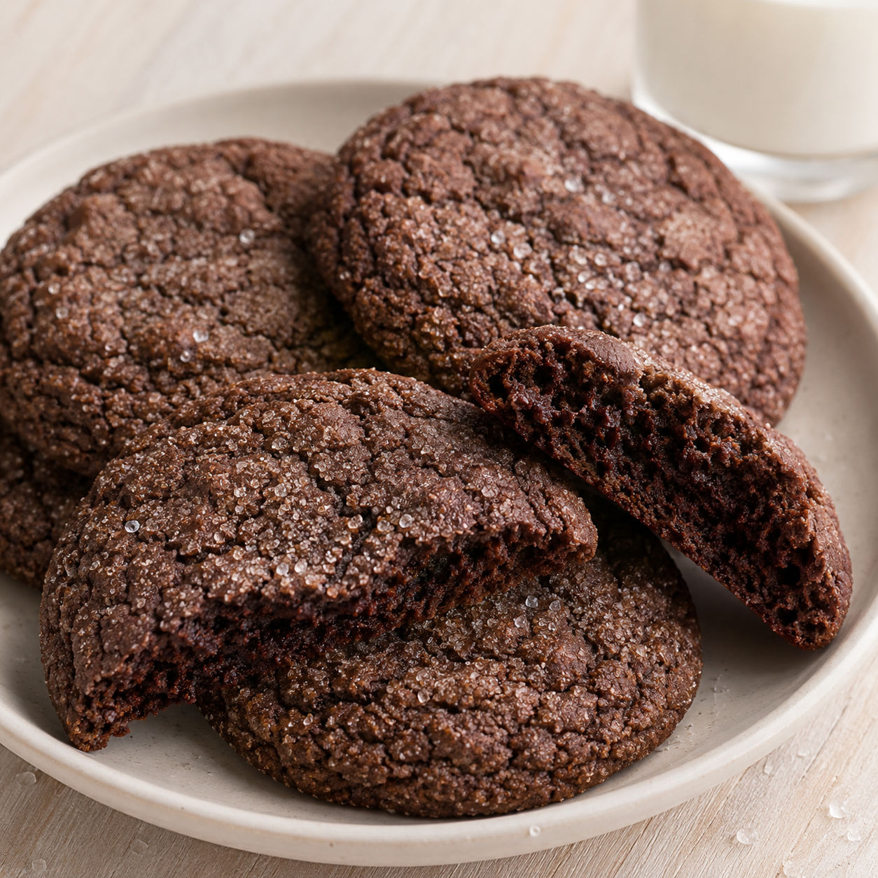Chocolate sugar cookies with sugared tops on a cream plate
