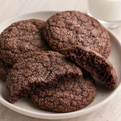 Chocolate sugar cookies with sugared tops on a cream plate