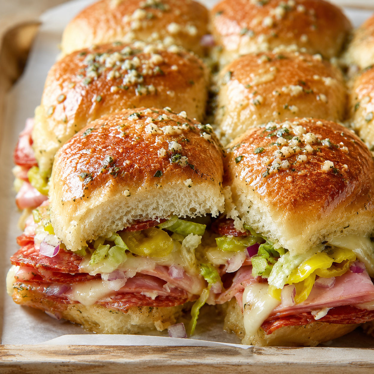 Chopped Italian sliders with provolone, romaine, pepperoncini and garlic butter