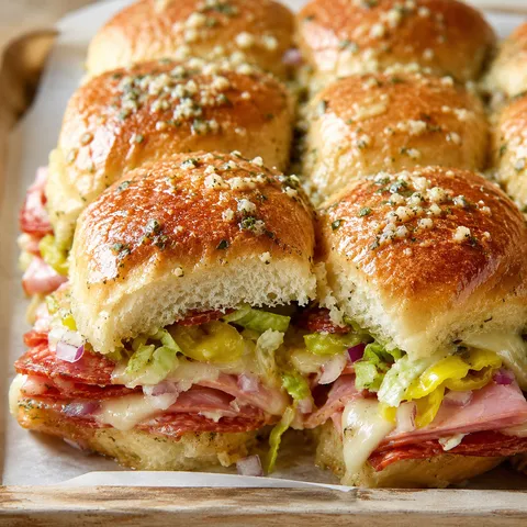 Chopped Italian sliders with provolone, romaine, pepperoncini and garlic butter