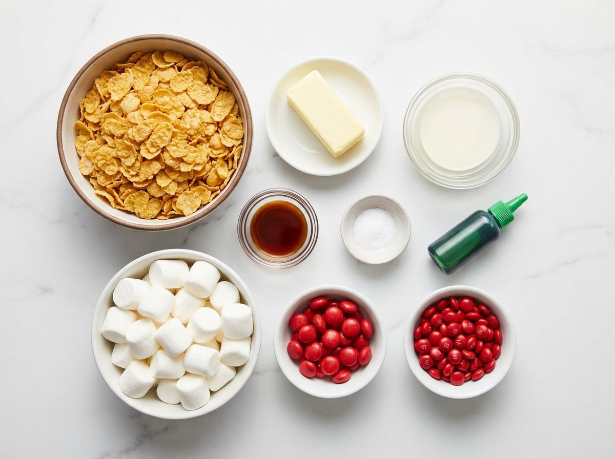 Cornflakes, marshmallows, butter, green coloring, and red candies for wreath treats