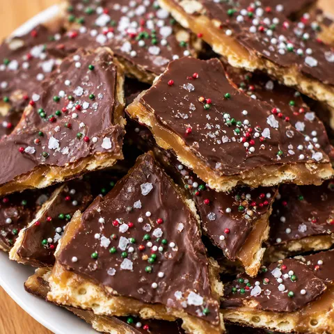 Christmas Crack saltine toffee bark with chocolate and festive sprinkles