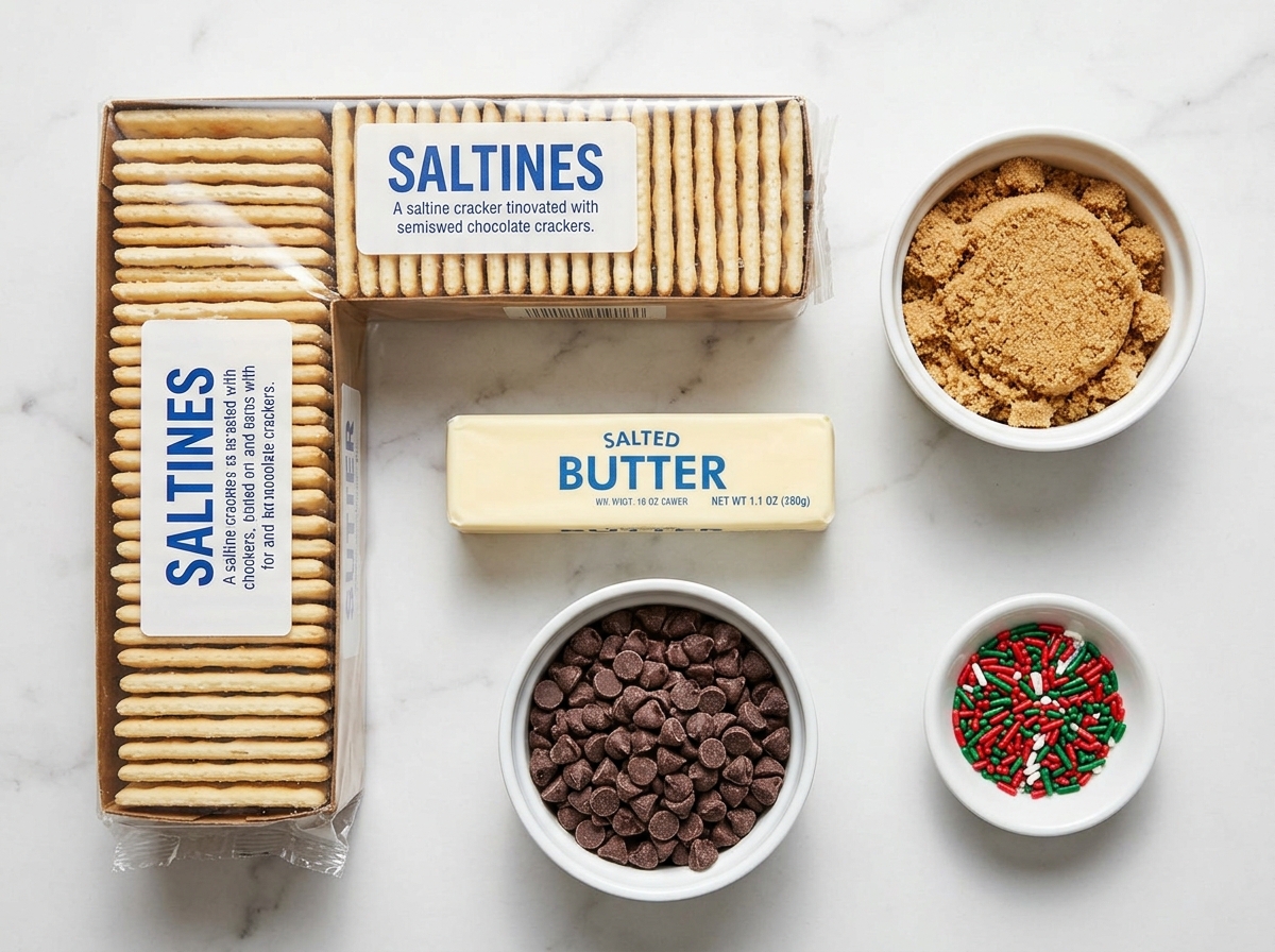 Raw ingredients for Christmas Crack including saltines, butter, brown sugar, and chocolate chips