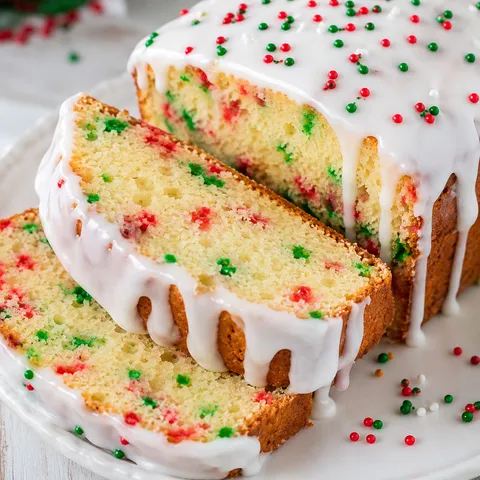 Christmas Funfetti Bread slices with vanilla glaze and red green sprinkles