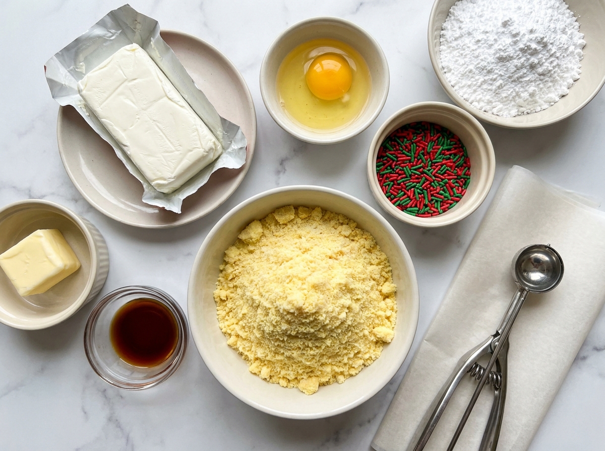 Ingredients for Christmas gooey butter cookies with sprinkles and cake mix