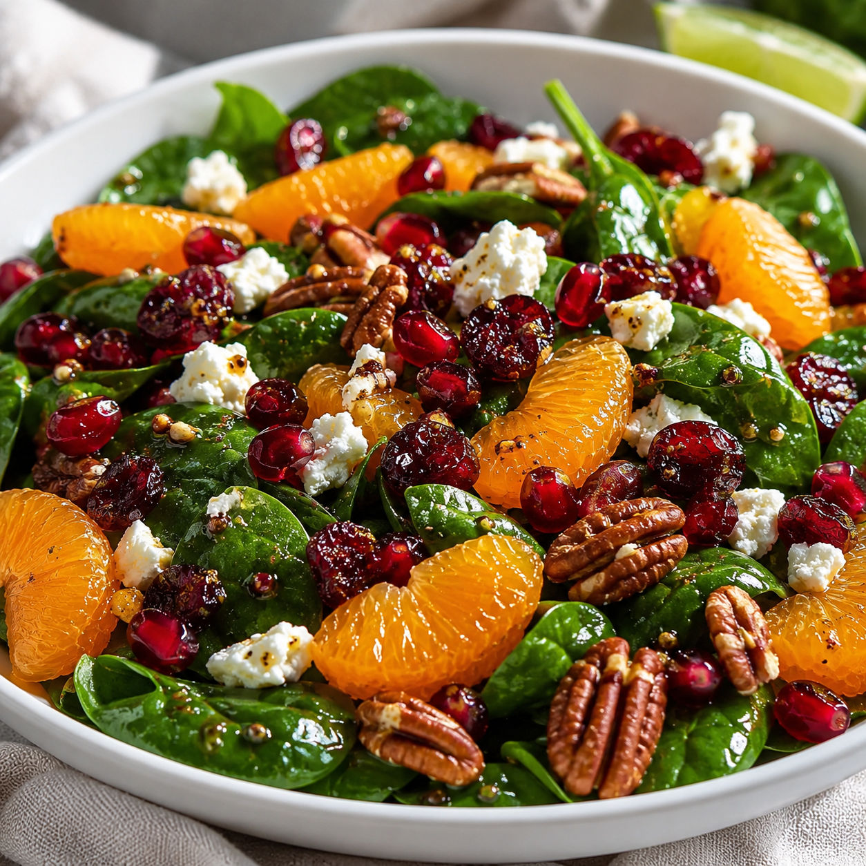 Christmas salad with spinach, mandarins, pomegranate, pecans, and goat cheese