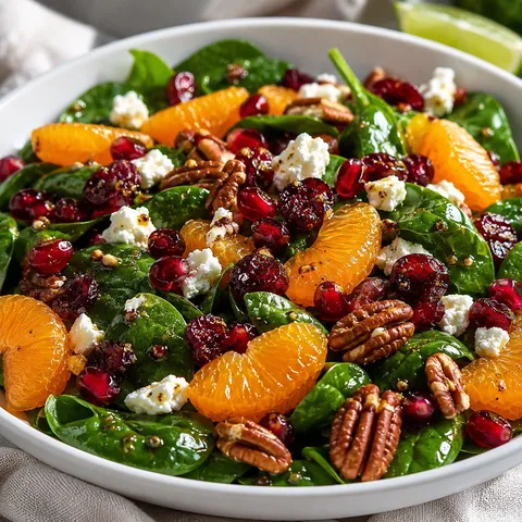 Christmas salad with spinach, mandarins, pomegranate, pecans, and goat cheese