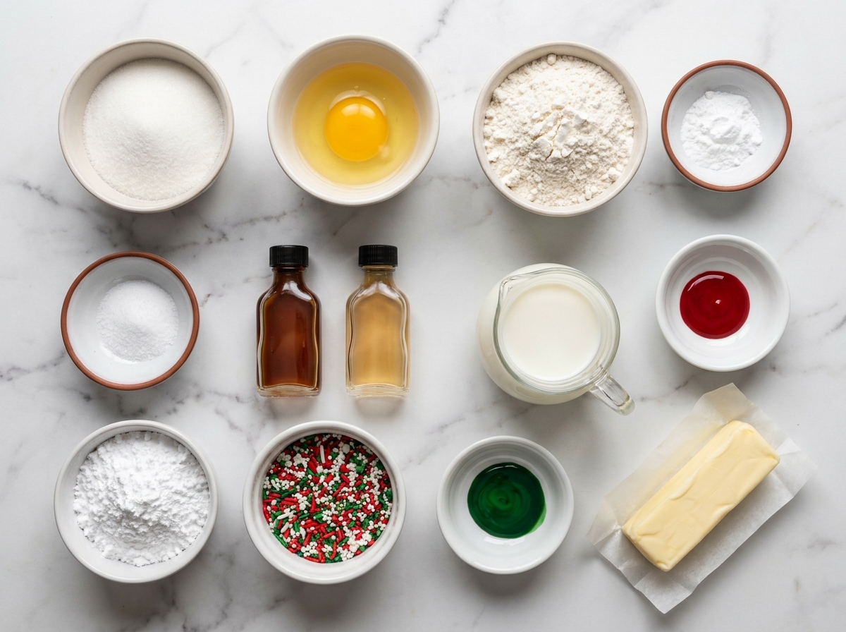 Ingredients for Christmas sugar cookie bars with frosting on a wooden surface