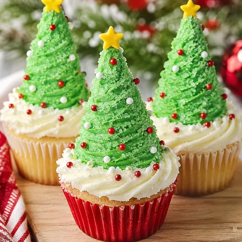 Christmas tree cupcakes with green frosting, sprinkles, and star toppers