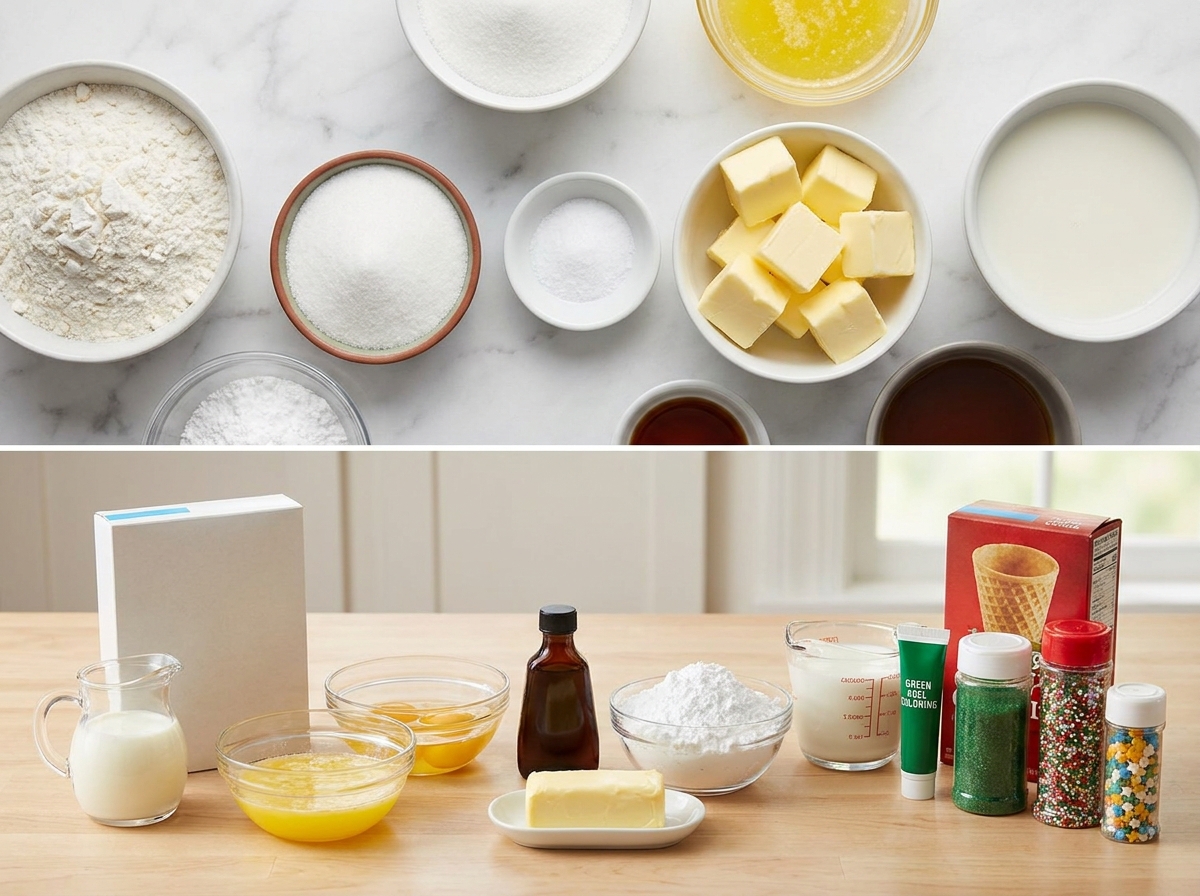 Ingredients for Christmas tree cupcakes with sugar cones and frosting