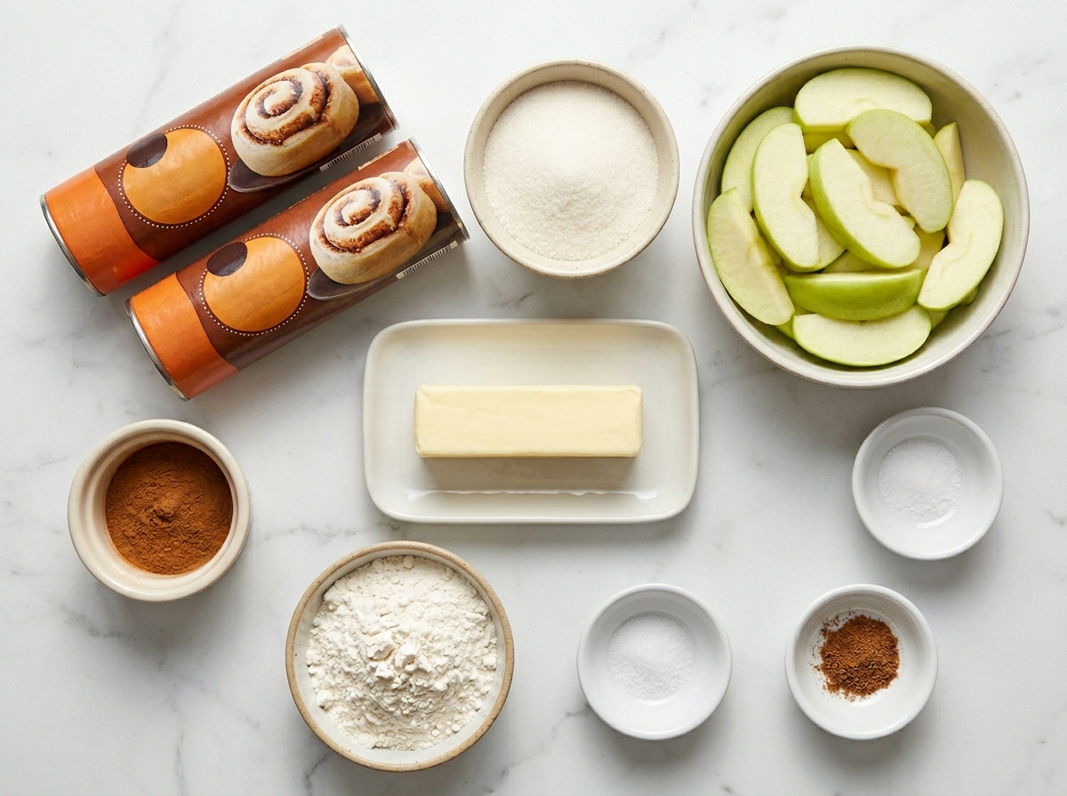 Raw ingredients for cinnamon roll apple pie including cinnamon roll tubes and sliced apples