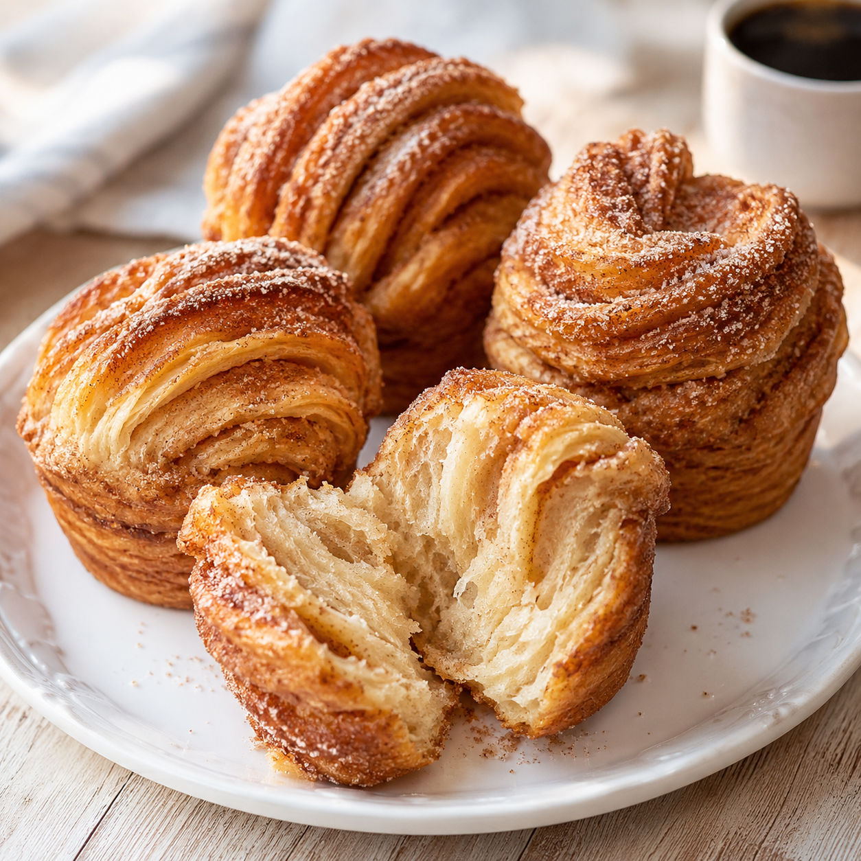 Cinnamon sugar cruffins with flaky golden layers on a white plate
