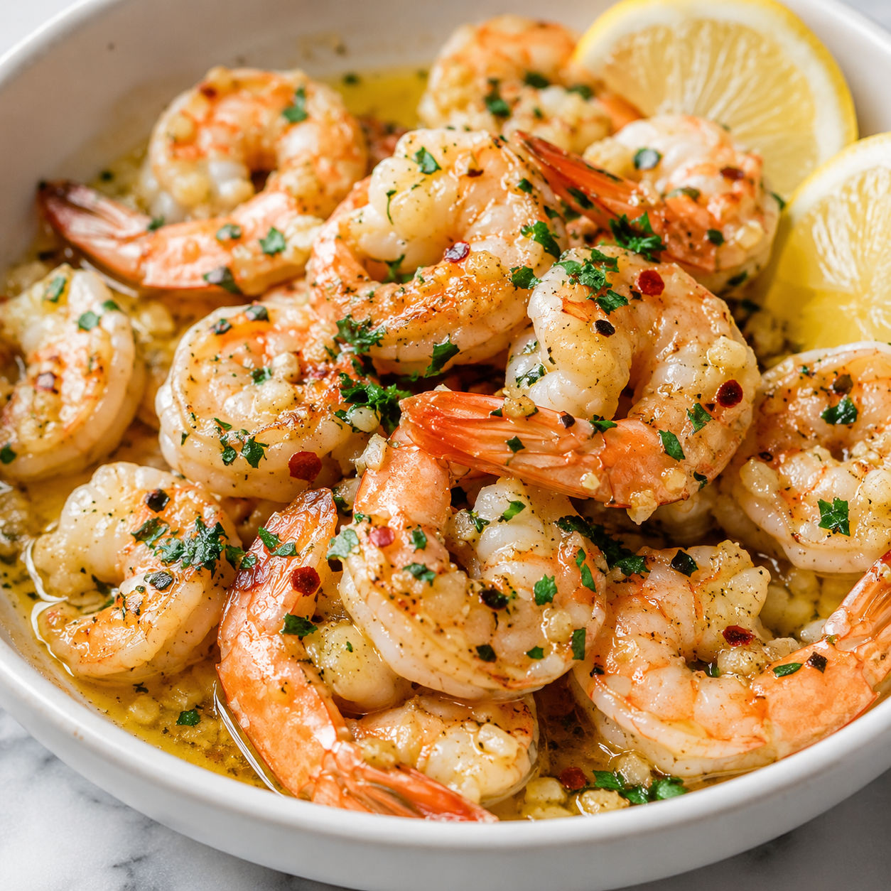 Classic shrimp scampi with garlic butter, parsley, and lemon wedges