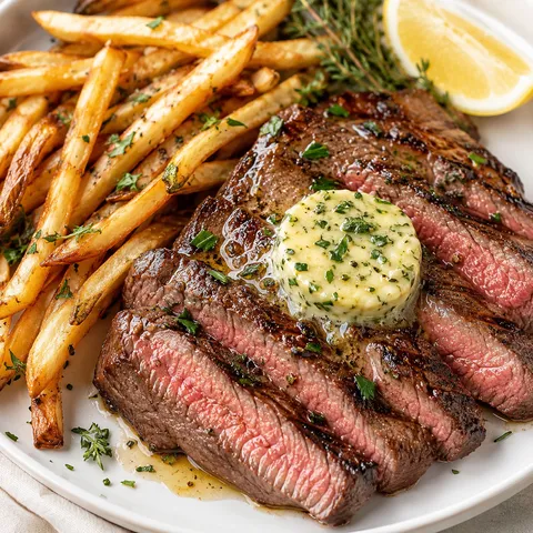 Sliced steak frites with melting herb-lemon butter and crispy golden potatoes