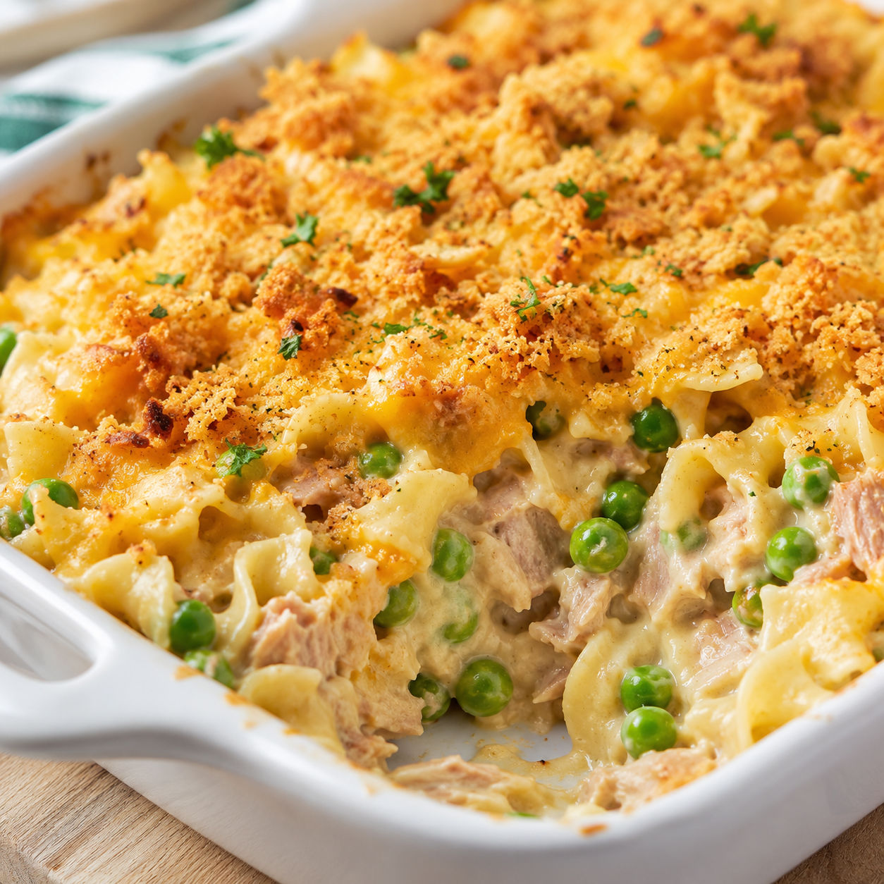 Creamy tuna noodle casserole with peas and a golden cracker topping