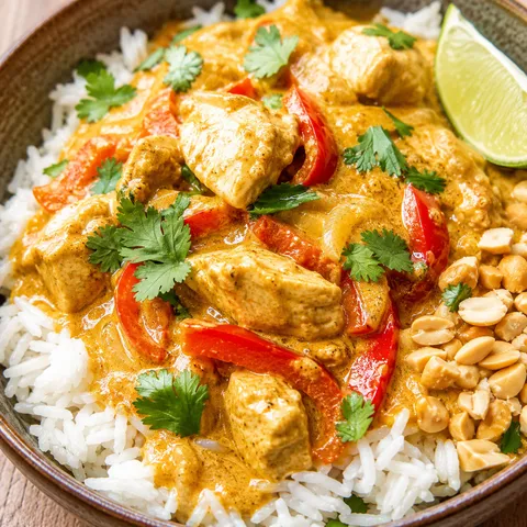 Coconut chicken curry over rice with cilantro, lime, and red pepper