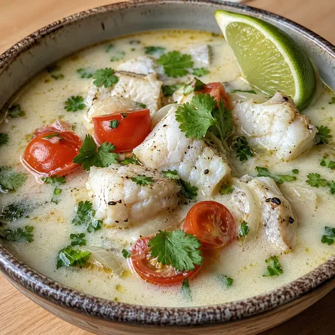 Coconut lime fish soup with white fish, tomatoes, cilantro, and lime in a bowl