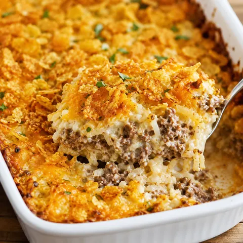 Cheesy beef hash brown casserole with a golden crunchy topping
