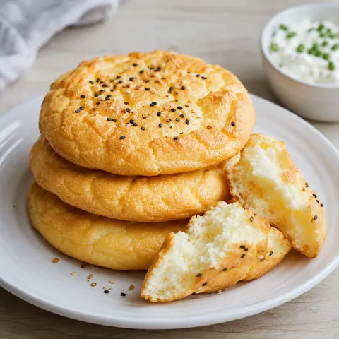 Golden cottage cheese cloud bread rounds stacked on a white plate