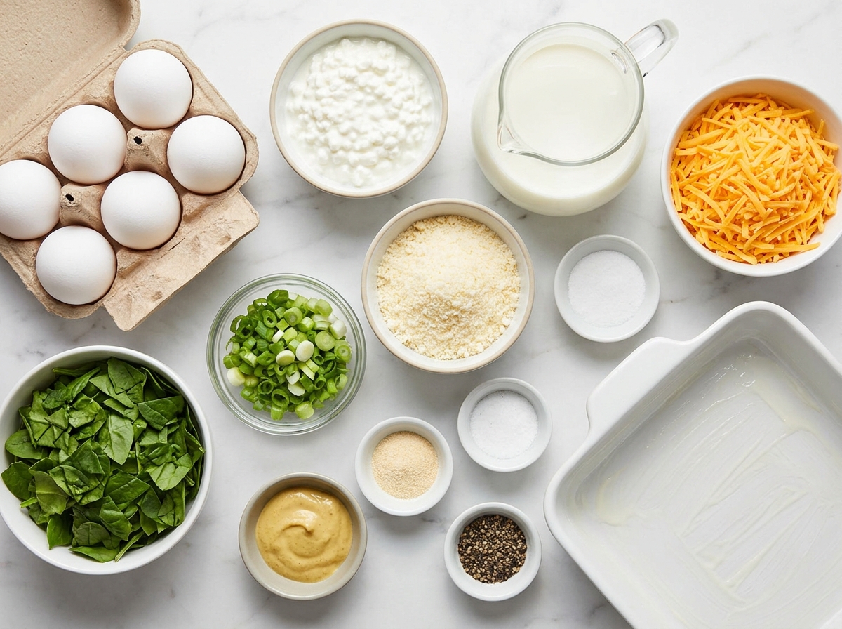 Ingredients for cottage cheese egg bake with eggs, spinach, and cheese