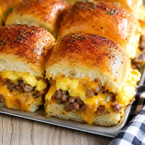Tray of golden baked cowboy breakfast sliders with melted cheese and sausage
