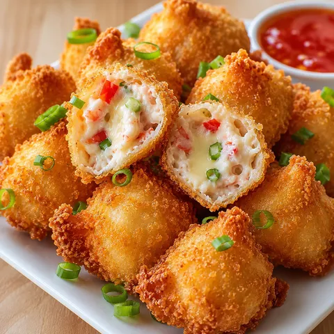 Golden crab rangoon bombs with creamy crab filling and green onions