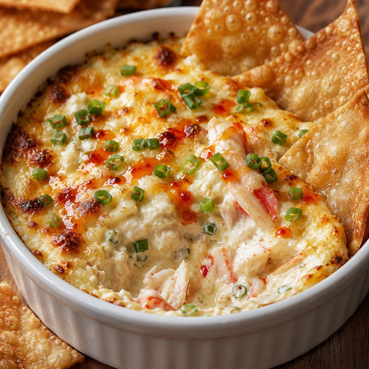 Hot crab rangoon dip with scallions, chili sauce, and wonton chips