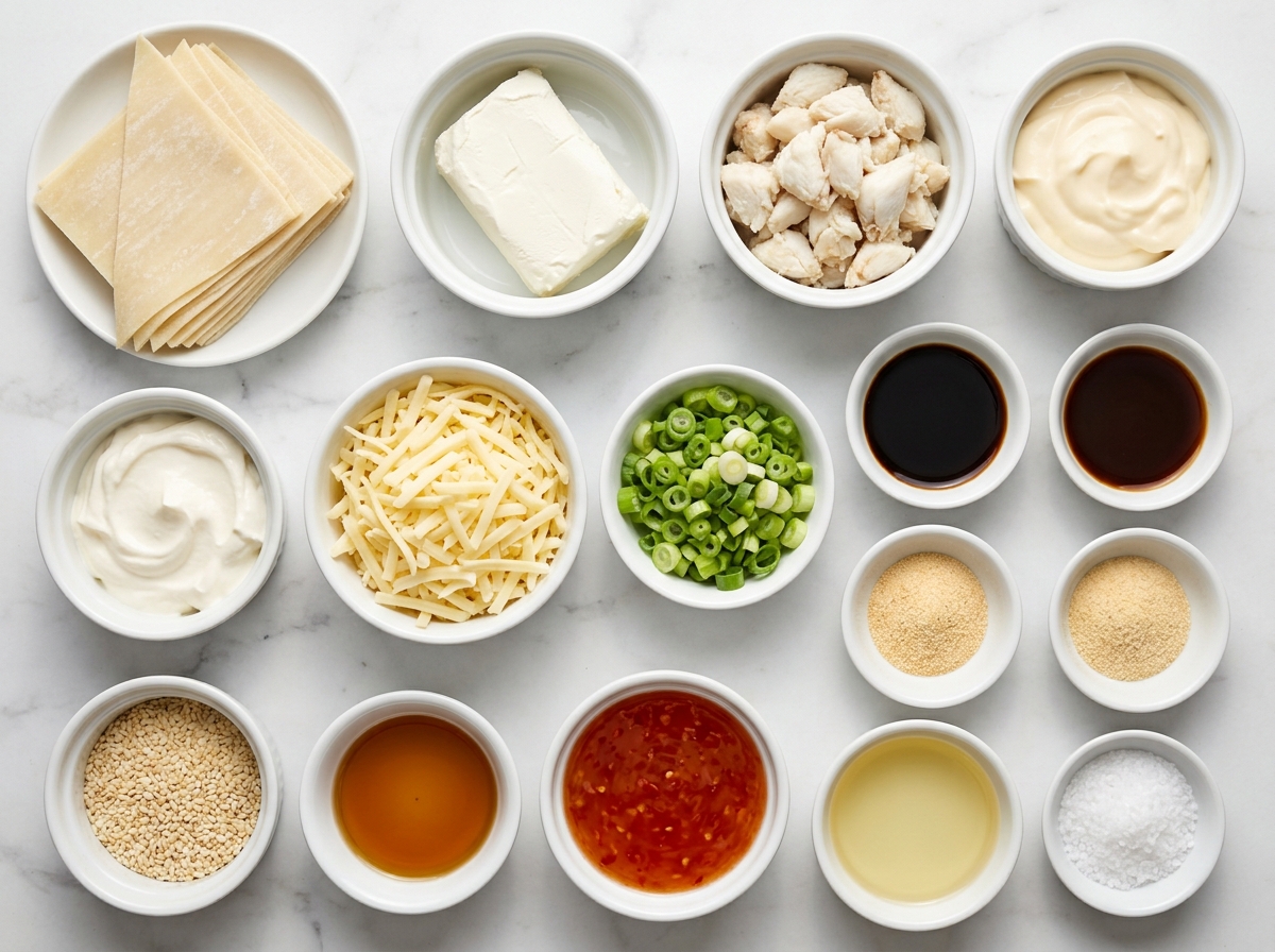 Ingredients for crab rangoon dip with wontons, crab, cream cheese, and scallions