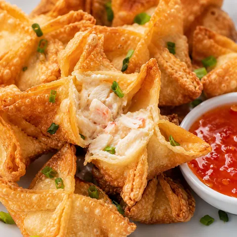 Golden crab rangoon with creamy filling and sweet chili sauce