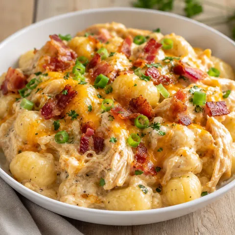 Creamy crack chicken gnocchi with bacon, cheddar, parsley, and green onions